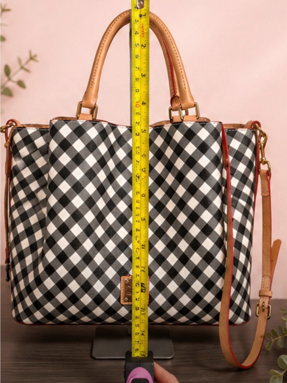 Dooney & Bourke Black and White Gingham Satchel with Tan Leather Trim - Picture 3 of 5